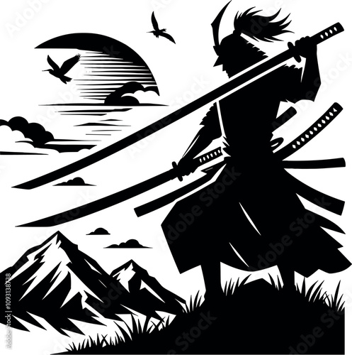 Samurai Sword Vector Black Silhouette Cricut Design for T-Shirt