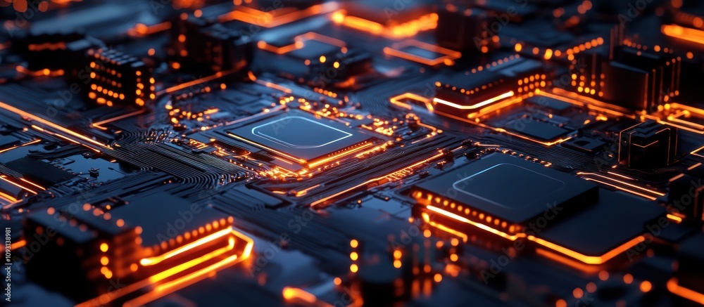 Obraz premium A close-up view of a futuristic circuit board with glowing elements.