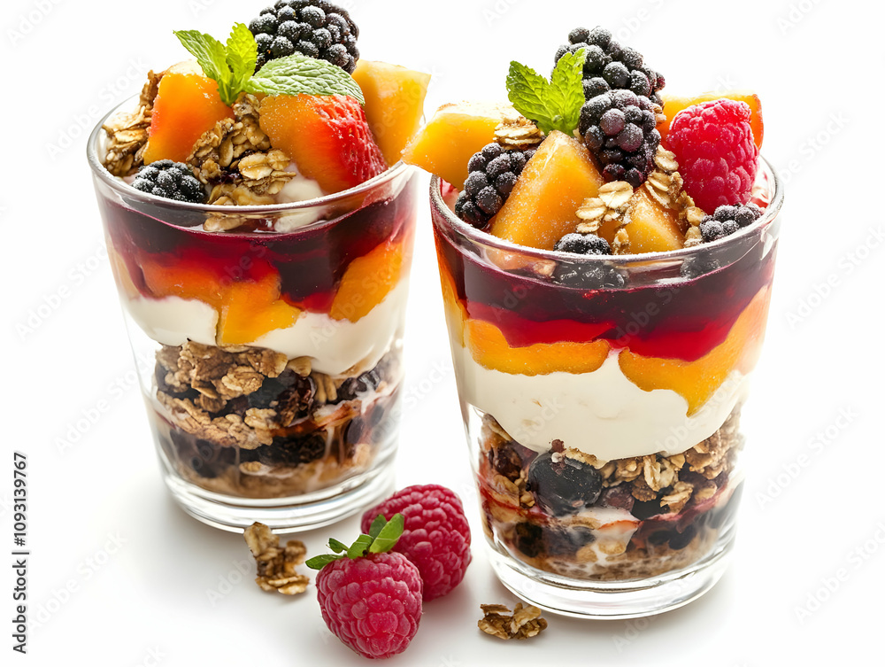 Photo Yogurt Parfait Granola Raspberry Blackberry Peach Mint Dessert Photo Yogurt Parfait Granola Raspberry Blackberry Peach Mint Dessert