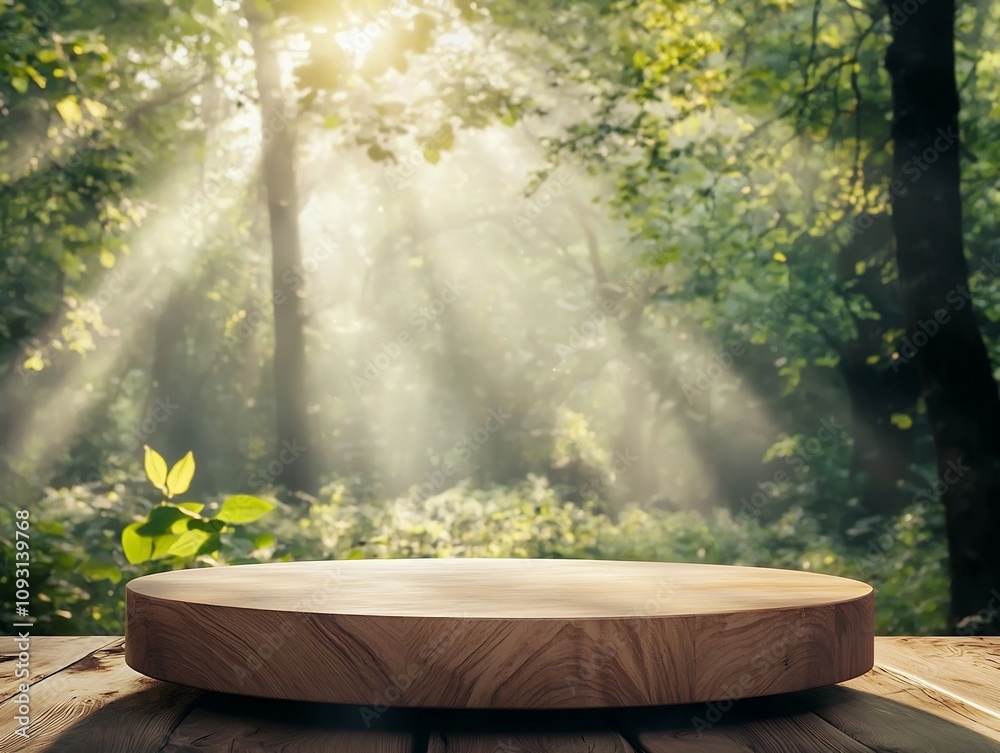 Fototapeta premium Glowing Natural Wooden Podium Surrounded by Sunlight Filtering Through Lush Forest Background for Eco Friendly Product Display