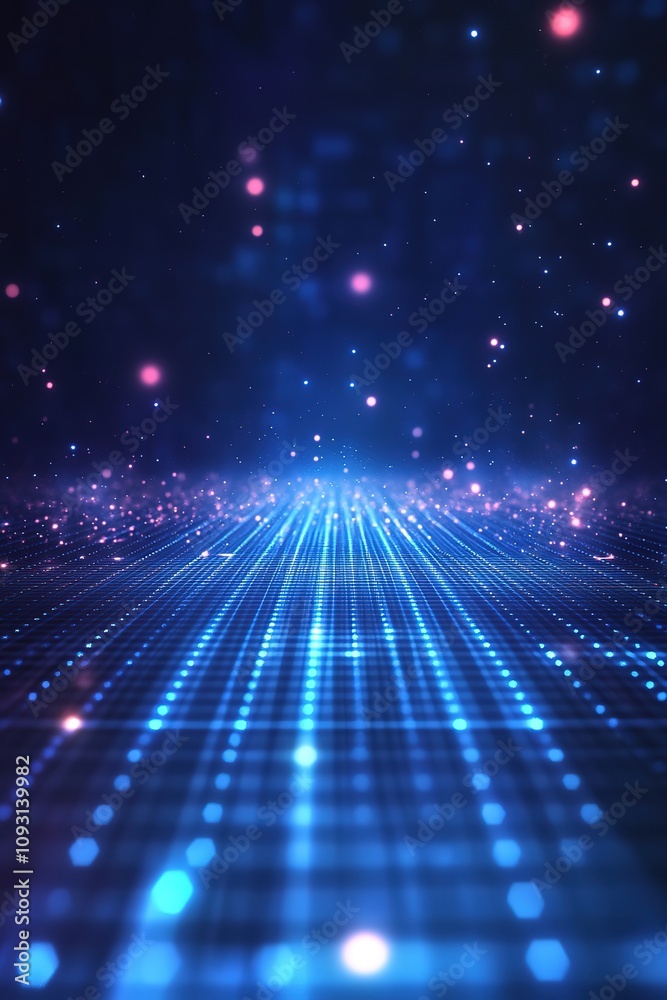 Fototapeta premium Blue grid with glowing particles and light beams.