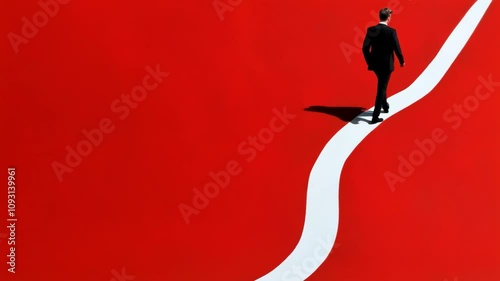 A solitary figure stands at the edge of a curved red pathway symbolizing the journey of life, decisions, and personal growth in a visually striking and abstract environment.