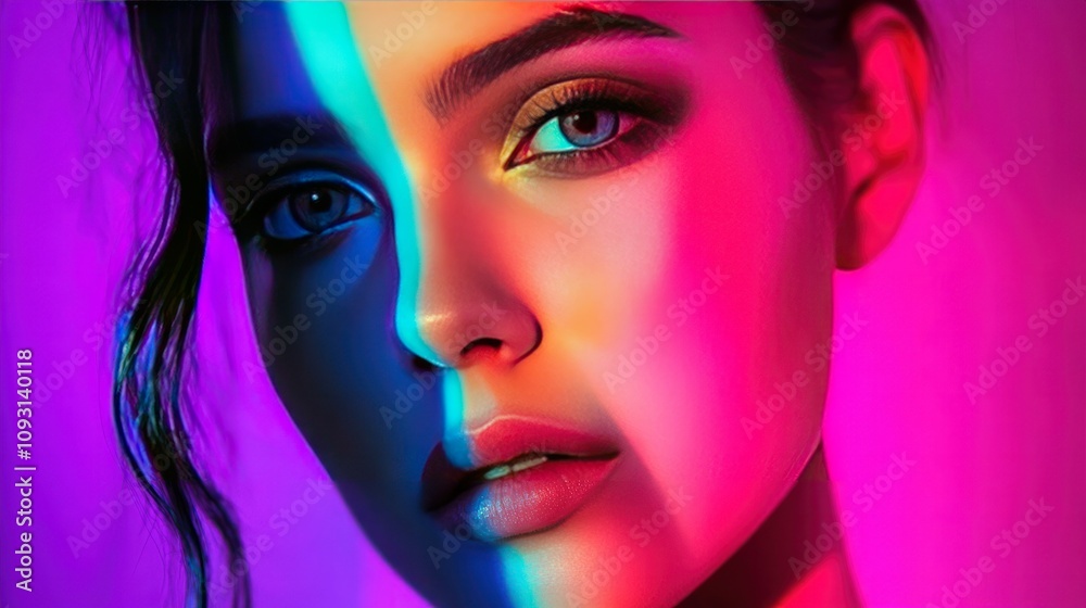 Obraz premium Neon glow portrait with soft lighting transitions, colorful reflections adding depth to the subjects expression