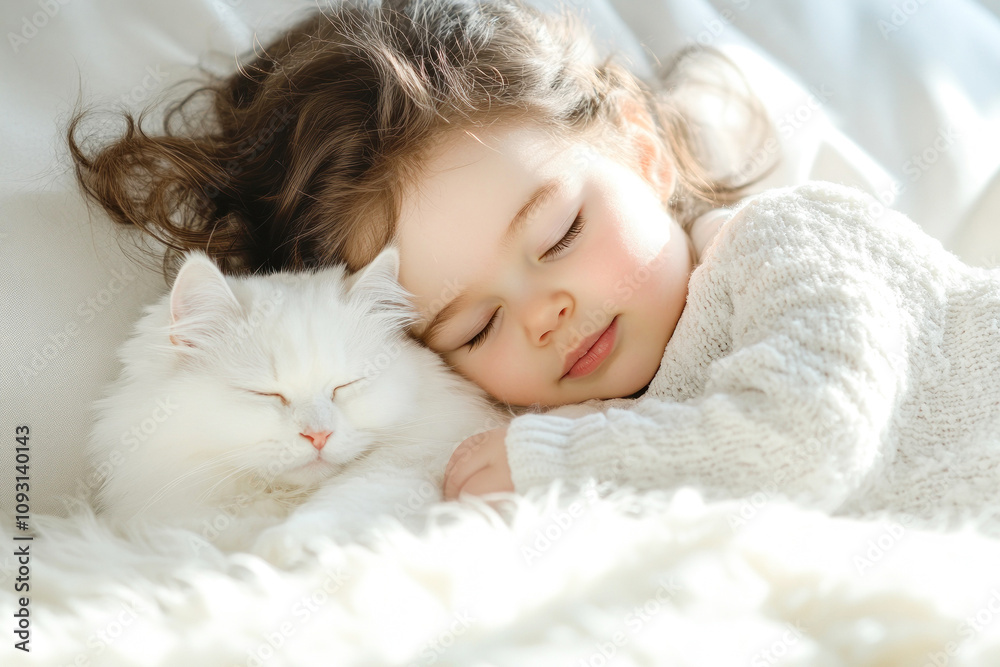 Young girl and white cat napping peacefully