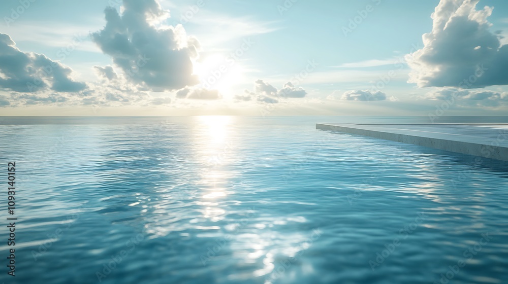Scenic view of a luxury villa's infinity pool, seamless edge merging with the ocean horizon, bright sunlight illuminating the clear water, tranquil and peaceful environment, photorealistic, Scenic view of a luxury villa's infinity pool, seamless edge merging with the ocean horizon, bright sunlight illuminating the clear water, tranquil and peaceful environment, photorealistic,