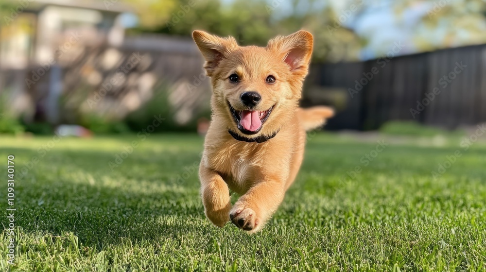 Playful puppy running on grass with joy in a sunny backyard environment a delightful moment of nature's joy Playful puppy running on grass with joy in a sunny backyard environment a delightful moment of nature's joy