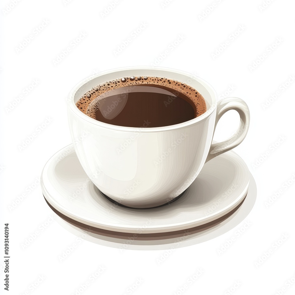 A white ceramic cup filled with hot coffee sits on a matching saucer. The coffee has a rich, dark color with a light layer of froth on top, suggesting it is freshly brewed and inviting. A white ceramic cup filled with hot coffee sits on a matching saucer. The coffee has a rich, dark color with a light layer of froth on top, suggesting it is freshly brewed and inviting.