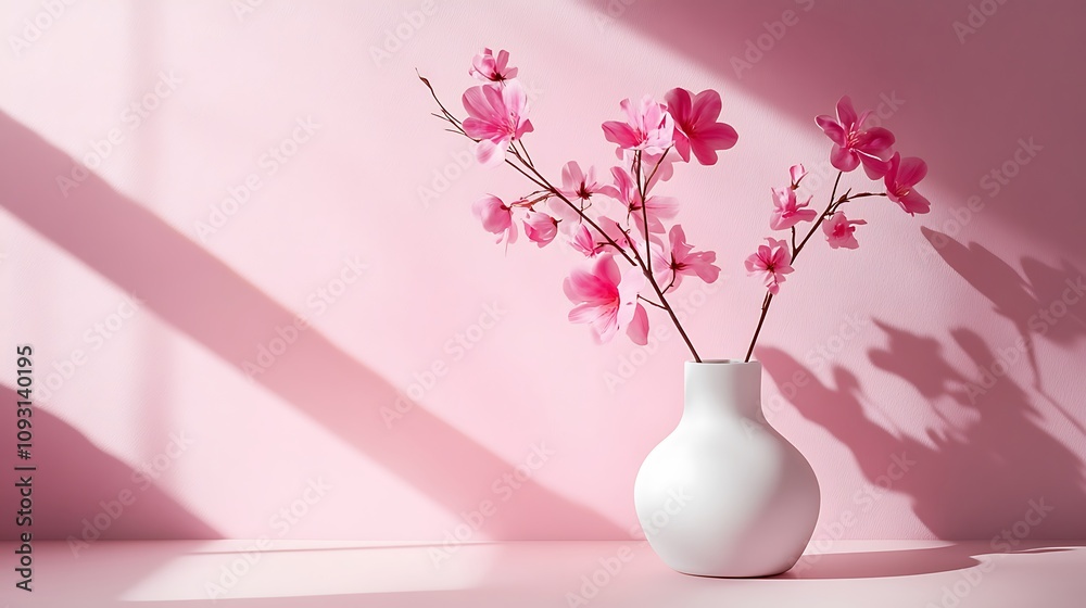 Pink blossoms in a white vase against a pink background Pink blossoms in a white vase against a pink background