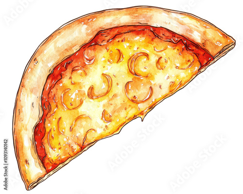 Cheesy slice of pizza with golden crust on a white isolated background. photo