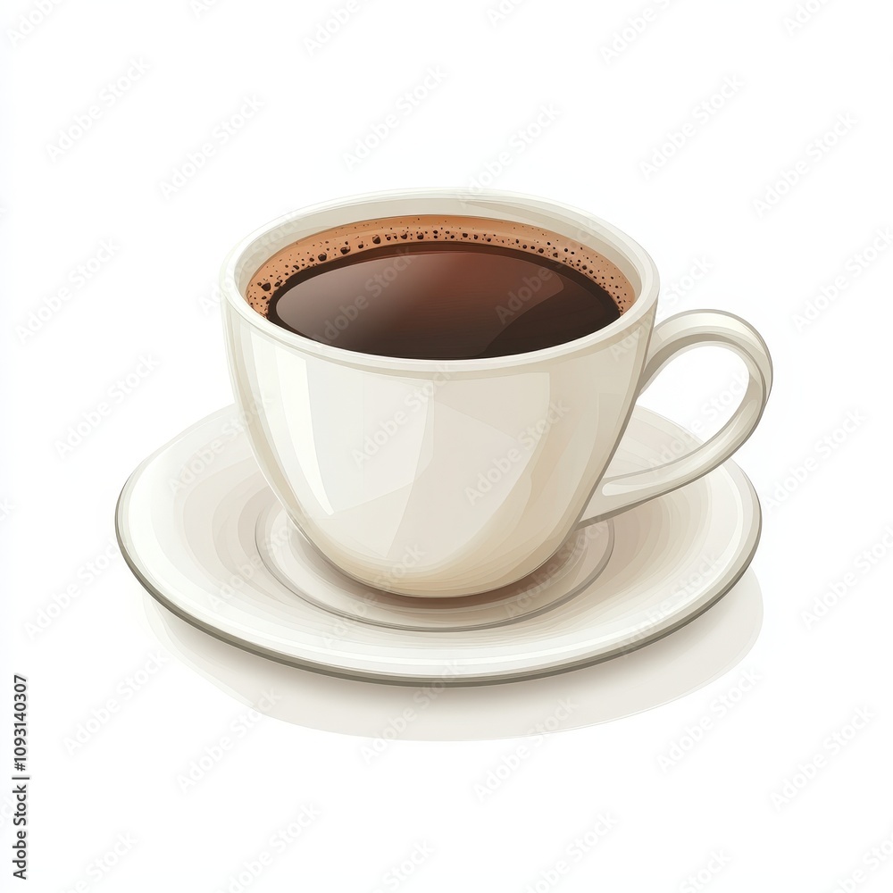 A white ceramic cup filled with black coffee sits on a matching saucer. The coffee has a smooth surface with a slight froth around the edges, indicating it is freshly brewed. A white ceramic cup filled with black coffee sits on a matching saucer. The coffee has a smooth surface with a slight froth around the edges, indicating it is freshly brewed.