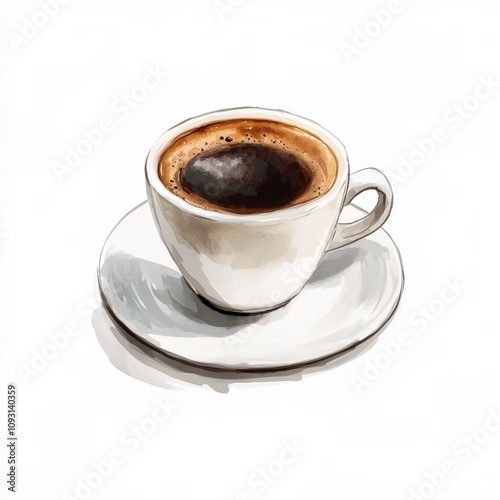 A white ceramic cup filled with black coffee sits on a matching saucer. The coffee has a smooth surface with a slight froth around the edges, indicating it is freshly brewed.