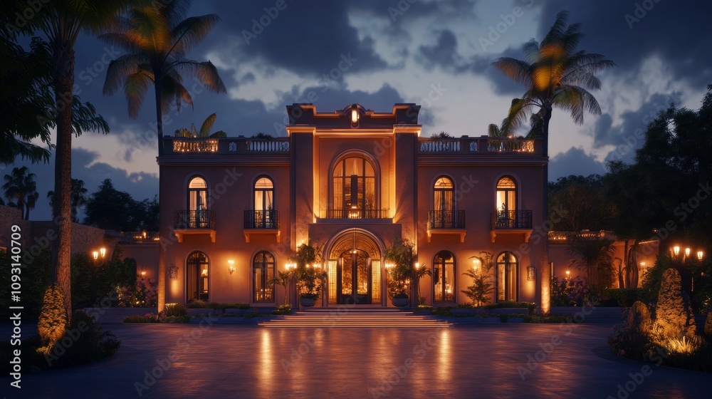 Fototapeta premium Elegant Mansion Illuminated by Soft Lights, Showcasing Exquisite Architecture and Lush Surroundings at Twilight