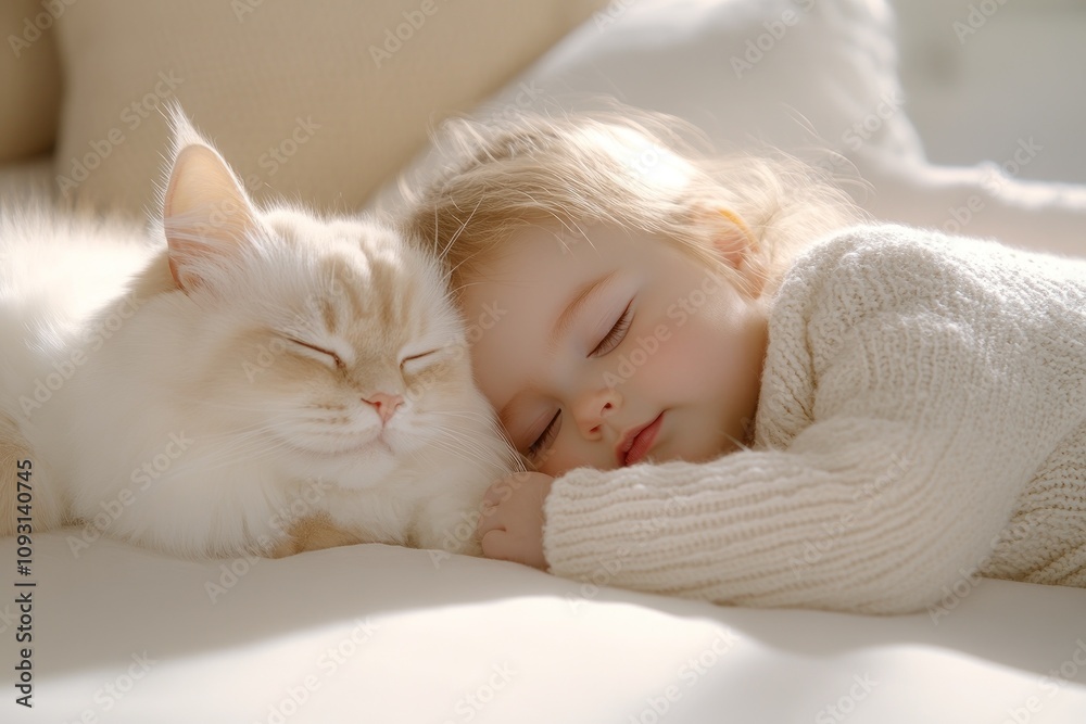 Toddler and light-colored cat cuddled in warmth. Toddler and light-colored cat cuddled in warmth.