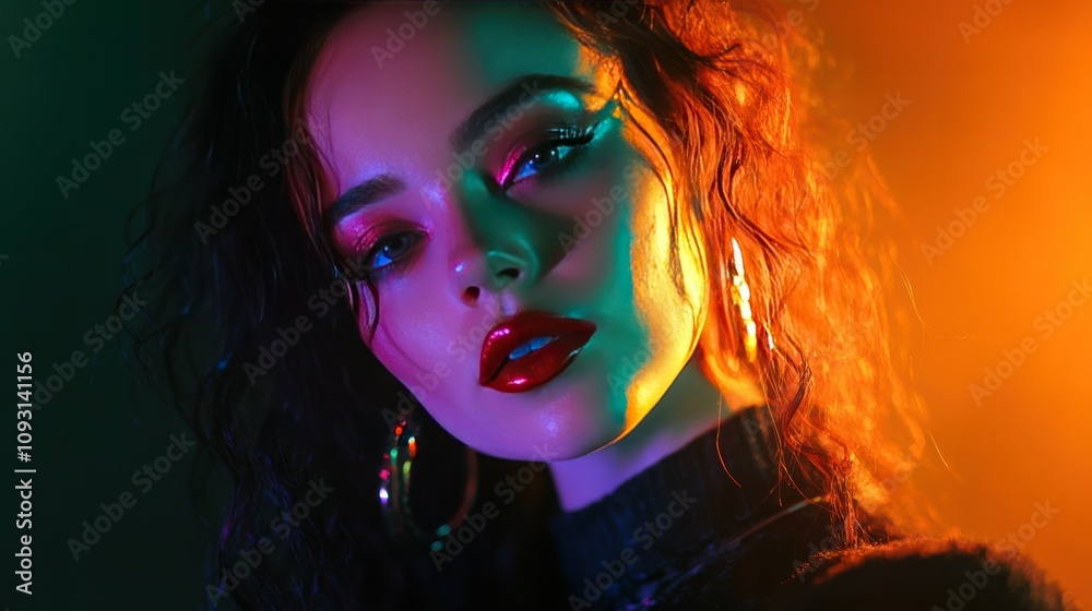 Neon makeup photography in a studio setup, with glowing highlights and contrasting colored lights Neon makeup photography in a studio setup, with glowing highlights and contrasting colored lights