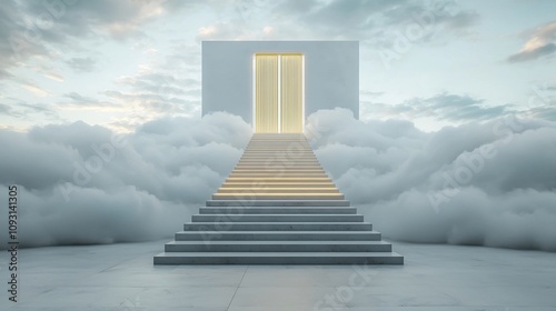 Majestic stairways ascending to golden gates in the clouds illuminated with heavenly light representing serenity and spirituality  A pathway to the divine a transcendent scene of sacred beauty photo