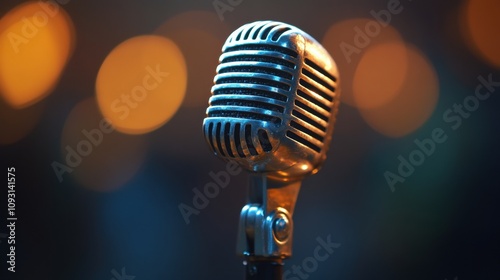 An intricately designed vintage microphone stands prominently with a blurred backdrop of warm glowing lights, suggesting a cozy and inviting ambiance