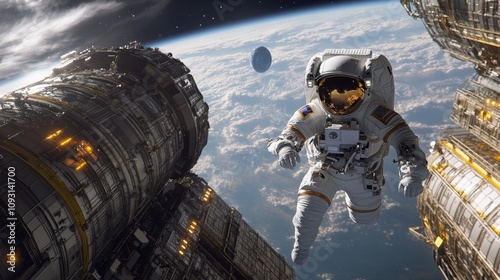 A solitary astronaut in a modern space suit floating near a spacecraft with Earth visible in the background. The astronaut is surrounded by the vast, star-filled expanse of space photo