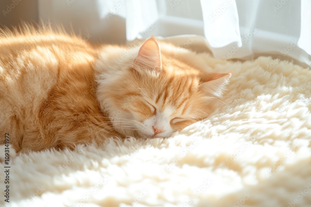 Obraz premium Ginger cat sleeping on a soft, fluffy blanket