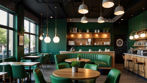 Here's a description and keywords for your stock photo.. Modern green cafe interior with booths, tables, and pendant lighting.