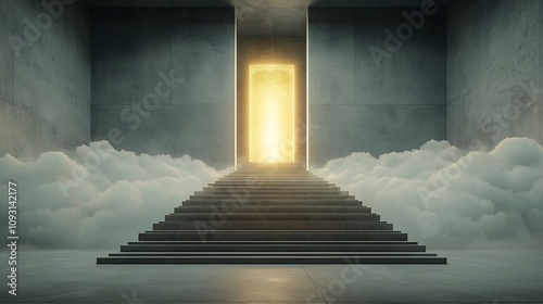 Magnificent staircases leading up to brilliant glowing golden gates of the heavens surrounded by ethereal clouds symbolizing divine eternity and the transcendent path to the afterlife photo