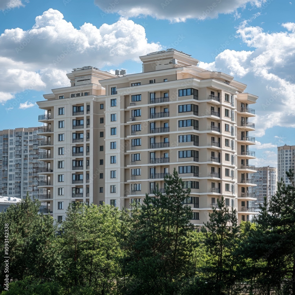 Modern Architecture Rises Among Lush Greenery Under a Blue Sky Filled With Clouds, Showcasing Urban Life and Nature's Harmony in a Vibrant Cityscape Modern Architecture Rises Among Lush Greenery Under a Blue Sky Filled With Clouds, Showcasing Urban Life and Nature's Harmony in a Vibrant Cityscape