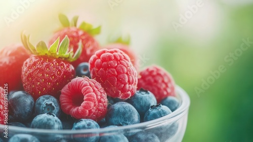 A vibrant bowl of fresh raspberries and blueberries, showcasing their rich colors and natural beauty against a soft, blurred background.