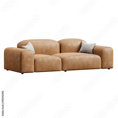 A tan leather sofa with two pillows on it