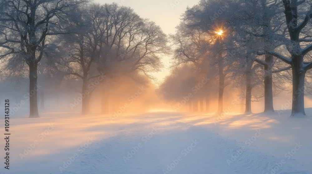 A serene winter landscape with frosted trees and a misty path glowing in the sunlight. A serene winter landscape with frosted trees and a misty path glowing in the sunlight.
