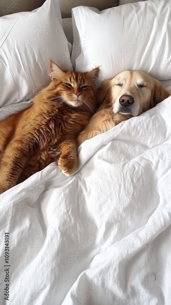 Obraz premium Cat and golden retriever napping on white linen