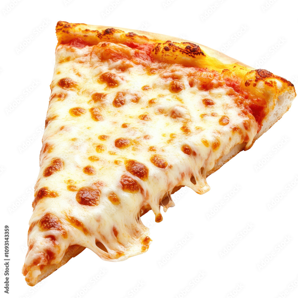 Cheesy pizza slice with golden crust on white isolated background Cheesy pizza slice with golden crust on white isolated background