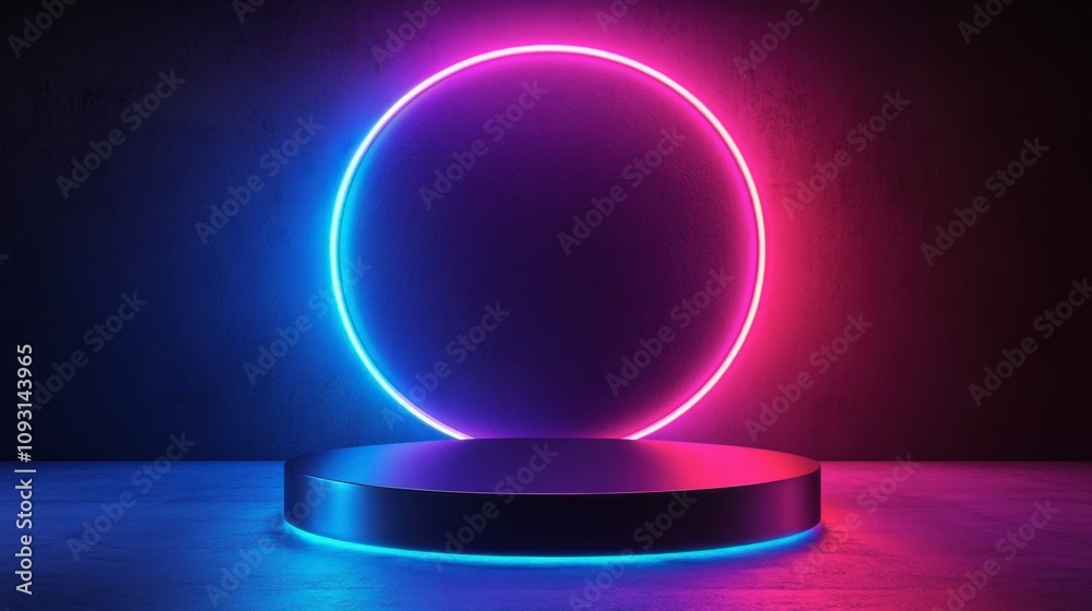 Futuristic Minimalist Studio Scene with Neon Circular Light in Pink and Blue Colors, Elegant Round Display Platform under Dramatic Lighting Effect in Dark Background Futuristic Minimalist Studio Scene with Neon Circular Light in Pink and Blue Colors, Elegant Round Display Platform under Dramatic Lighting Effect in Dark Background