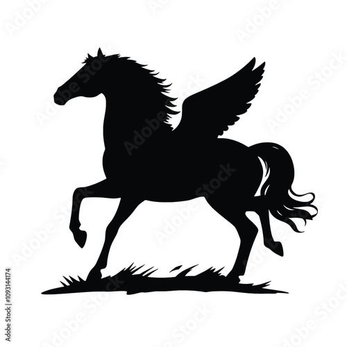 A black silhouette of a rearing horse in her two wings