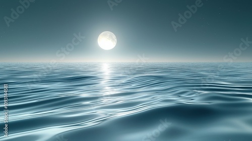 A serene ocean scene at night, illuminated by a bright moon reflecting on the calm, rippling waters.