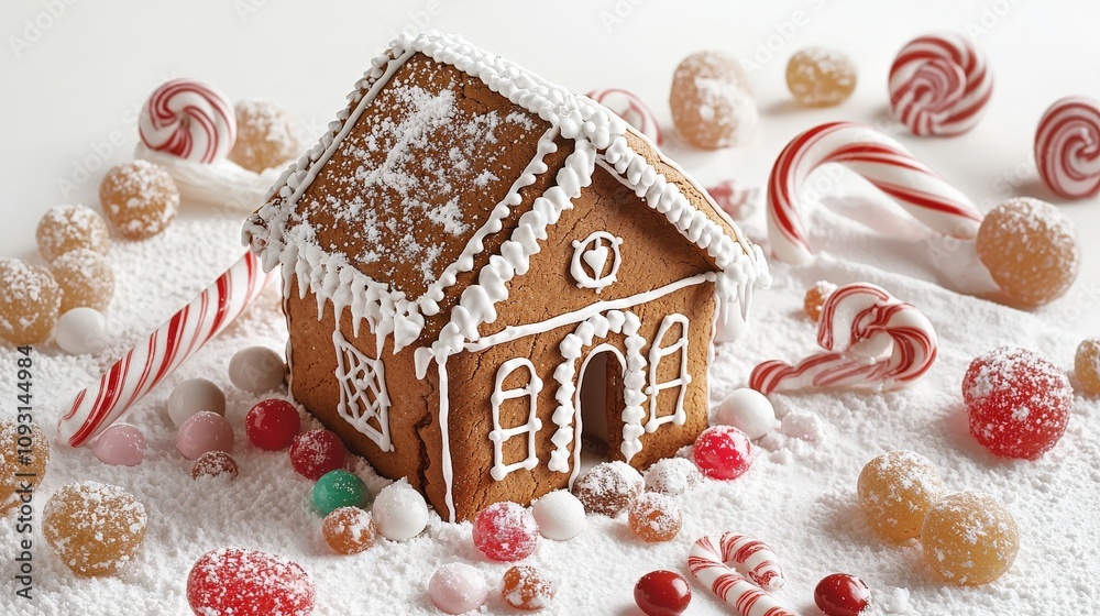 A festive gingerbread house surrounded by colorful candies and sweets, creating a cheerful holiday scene. A festive gingerbread house surrounded by colorful candies and sweets, creating a cheerful holiday scene.