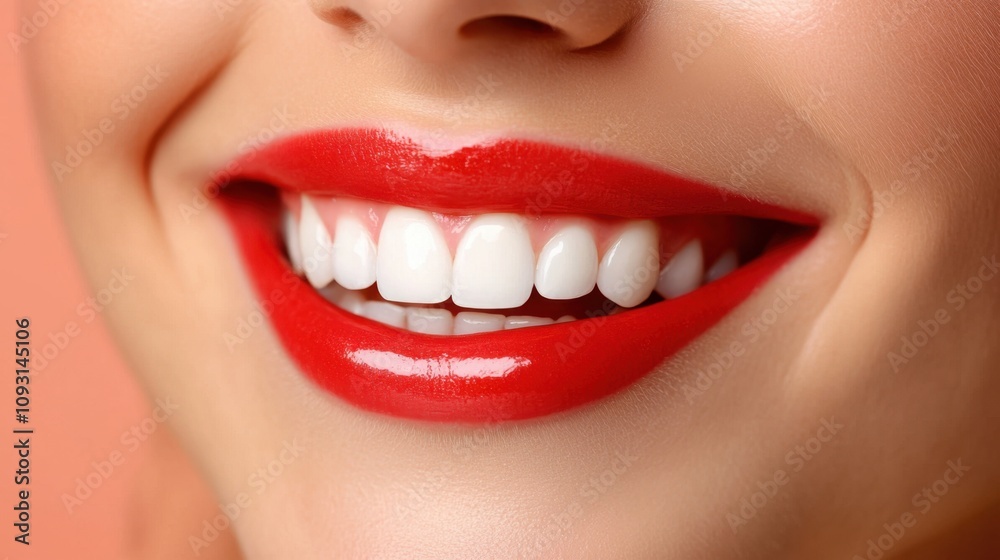 Close-Up of a Bright and Radiant Smile with Glossy Red Lipstick Highlighting Perfectly White Teeth and Smooth Lips Against a Soft Coral Background Close-Up of a Bright and Radiant Smile with Glossy Red Lipstick Highlighting Perfectly White Teeth and Smooth Lips Against a Soft Coral Background