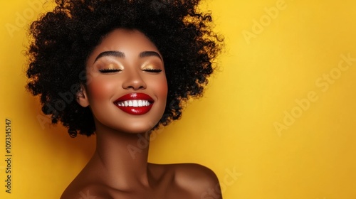 Captivating Portrait of a Young Woman with Natural Afro Hair Smiling Brightly Against a Vibrant Yellow Background Radiating Joy and Elegance