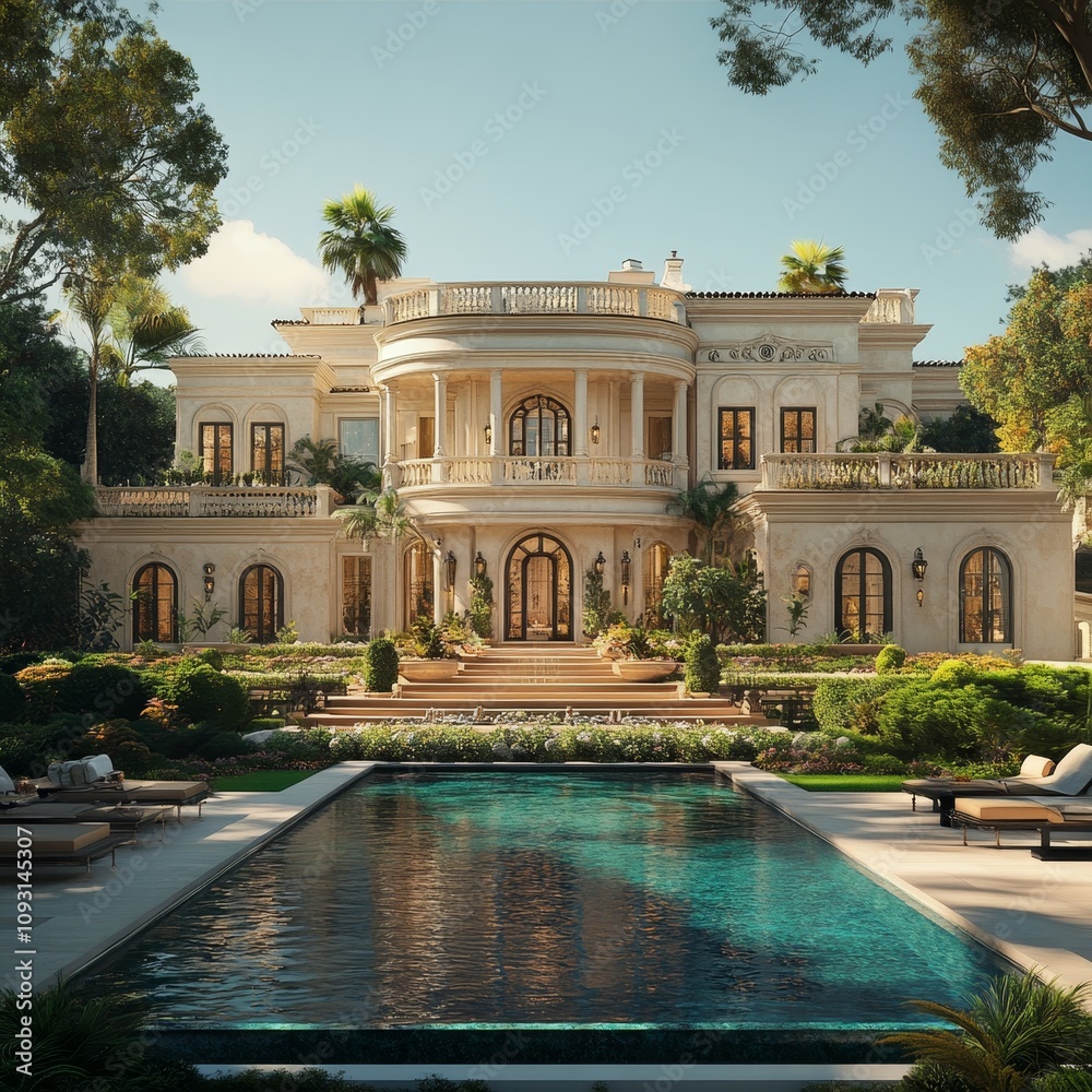 Naklejka premium Luxury Villa With a Tranquil Swimming Pool Surrounded by Lush Greenery Under a Clear Blue Sky in a Serene Setting