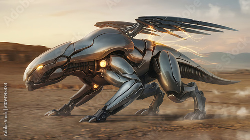 Robotic alien machine poised on a barren desert plain
