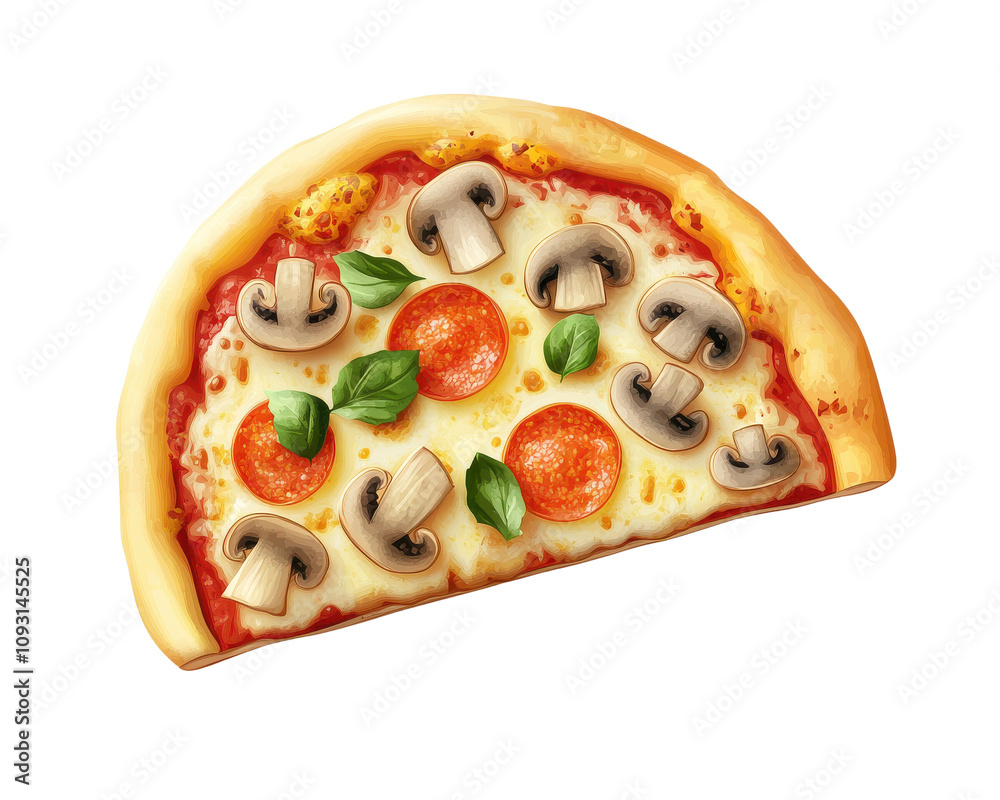 Delicious pizza slice topped with mushrooms, pepperoni, and fresh basil, white isolate background. Delicious pizza slice topped with mushrooms, pepperoni, and fresh basil, white isolate background.