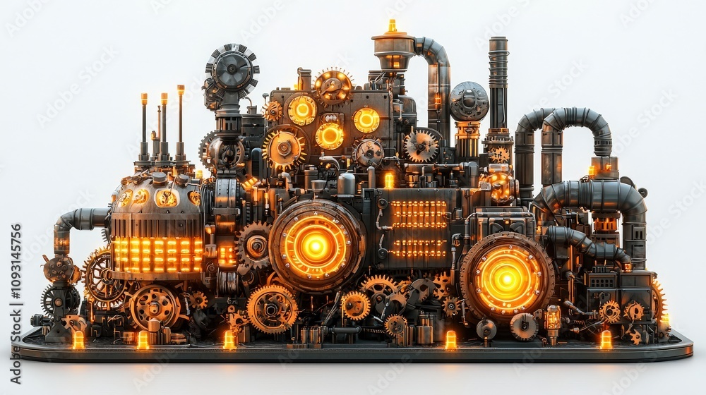 A steampunk-inspired mechanical structure with glowing elements, featuring intricate gears, pipes, and industrial design. A steampunk-inspired mechanical structure with glowing elements, featuring intricate gears, pipes, and industrial design.