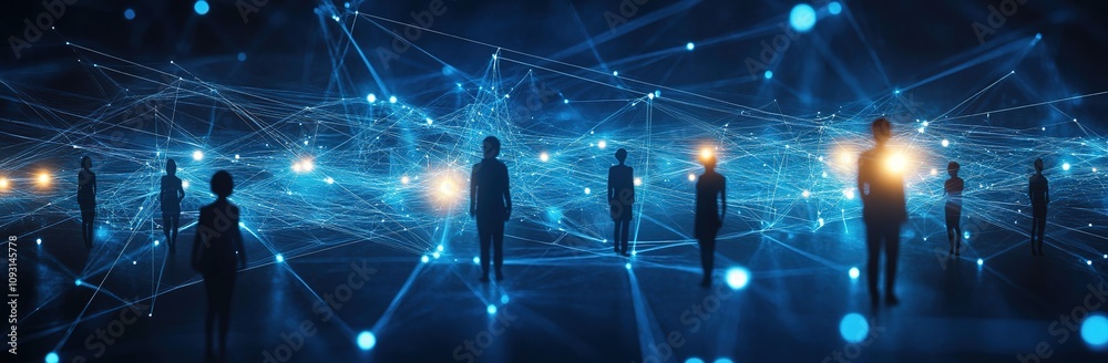 Abstract human network concept with glowing connections and figures, Abstract human network concept with glowing connections and figures,