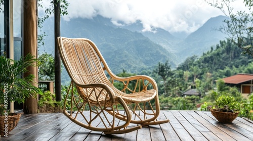 Serene Rocking Chair in Natural Setting Overlooking Lush Mountains and Clear Sky, Perfect for Tranquil Moments and Relaxation in Nature