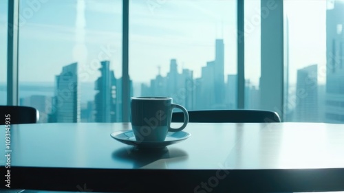Ceramic Mug With Drink On Desk In Office Large Panoramic Window Office Morning Cybernetics Style Text Space