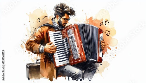 man playing Accordion music instrument in watercolor illustration with loose and fluid forms photo