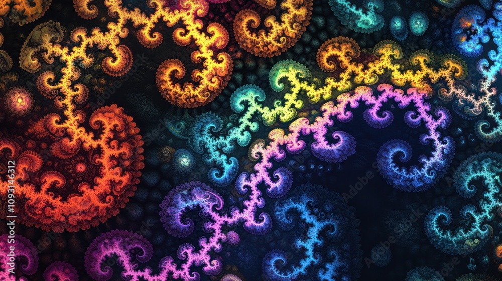 Vivid fractal design with glowing rainbow colors, seamlessly rotating on a dark black backdrop