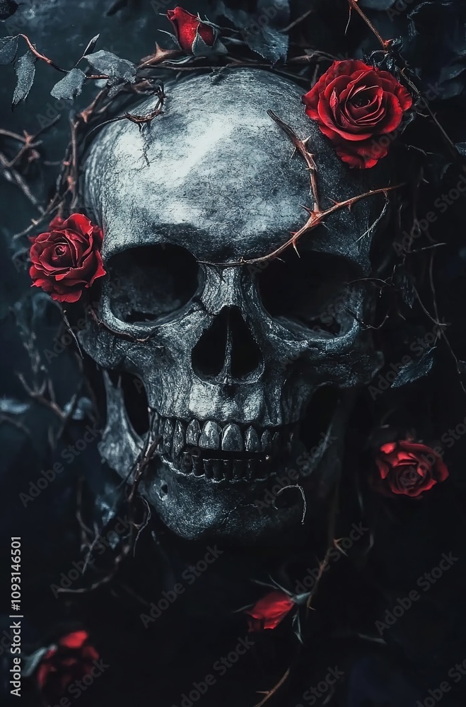 A dark, gothic skull with roses, a goth aesthetic wallpape A dark, gothic skull with roses, a goth aesthetic wallpape