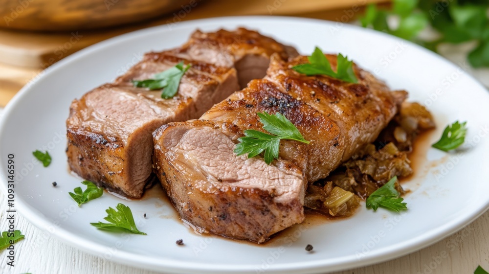 Deliciously Seared Pork Loin Served on a White Plate with Fresh Herbs and Juicy Sauteed Vegetables, Perfect for Family Dinners or Special Occasions Deliciously Seared Pork Loin Served on a White Plate with Fresh Herbs and Juicy Sauteed Vegetables, Perfect for Family Dinners or Special Occasions