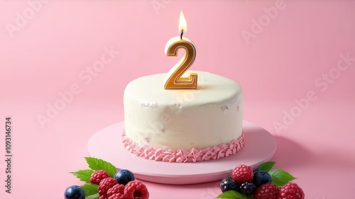 Airy birthday cake number two berry cake space for text on pink background