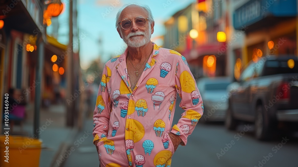 Fototapeta premium Man in a pink shirt with ice cream on it stands on a street. He is smiling and looking at the camera