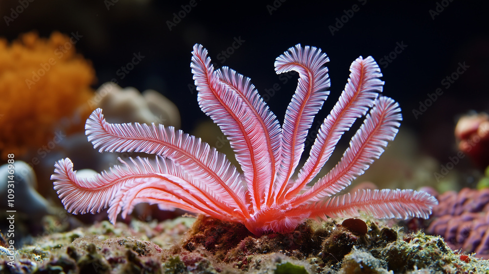 Feather star on a coral reef in an underwater macro view Feather star on a coral reef in an underwater macro view